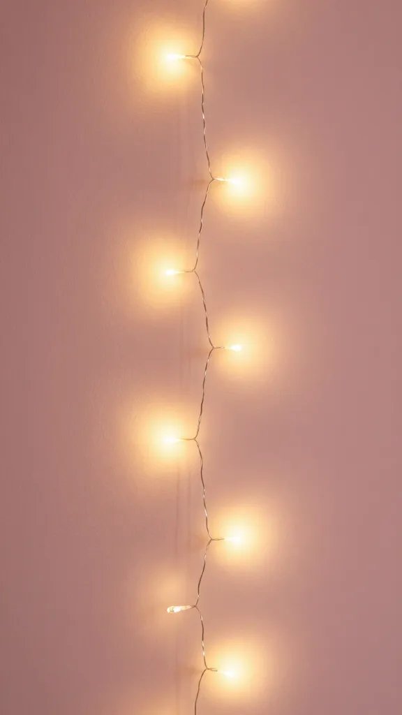 Single string of warm fairy lights reflected in blush-covered surface