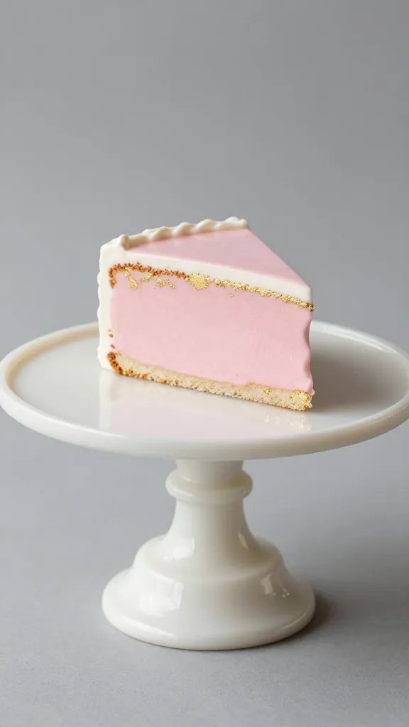 Single ivory cake stand with pink-tinted cake slice and gold leaf