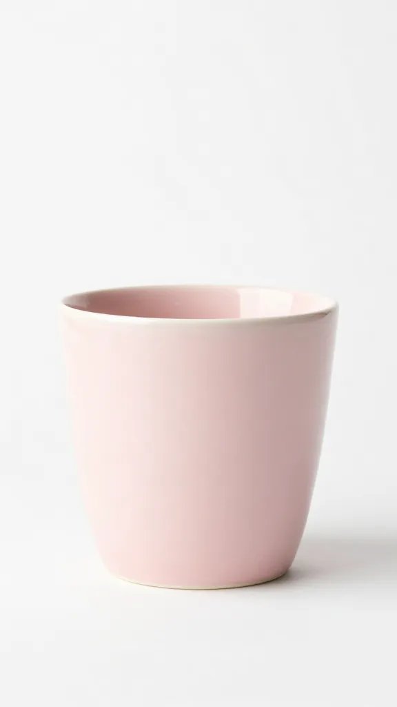 single pastel pink ceramic cup against white backdrop