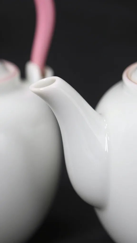 closeup of white porcelain teapot spout with pink handle