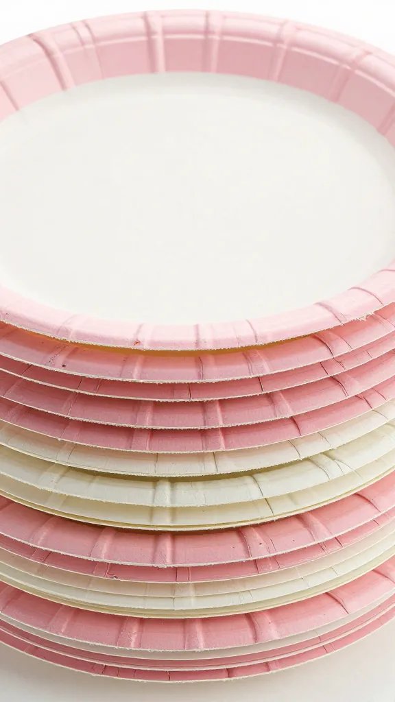 closeup of pink and white paper plates stacked neatly
