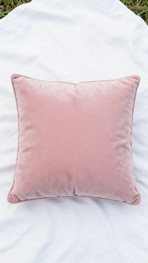 single soft pink velvet cushion on white picnic blanket