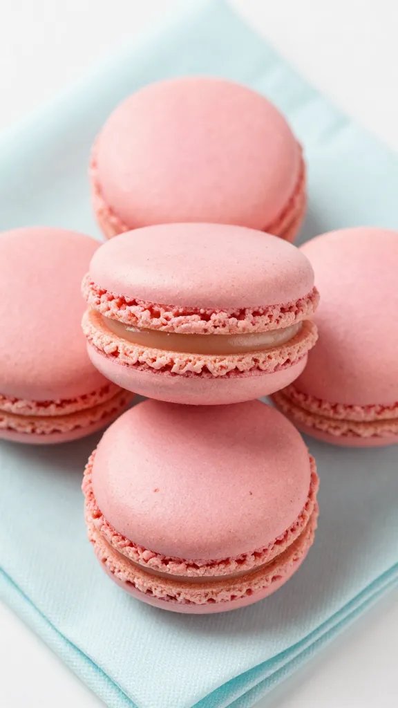 closeup blush-pink macarons on pastel napkin