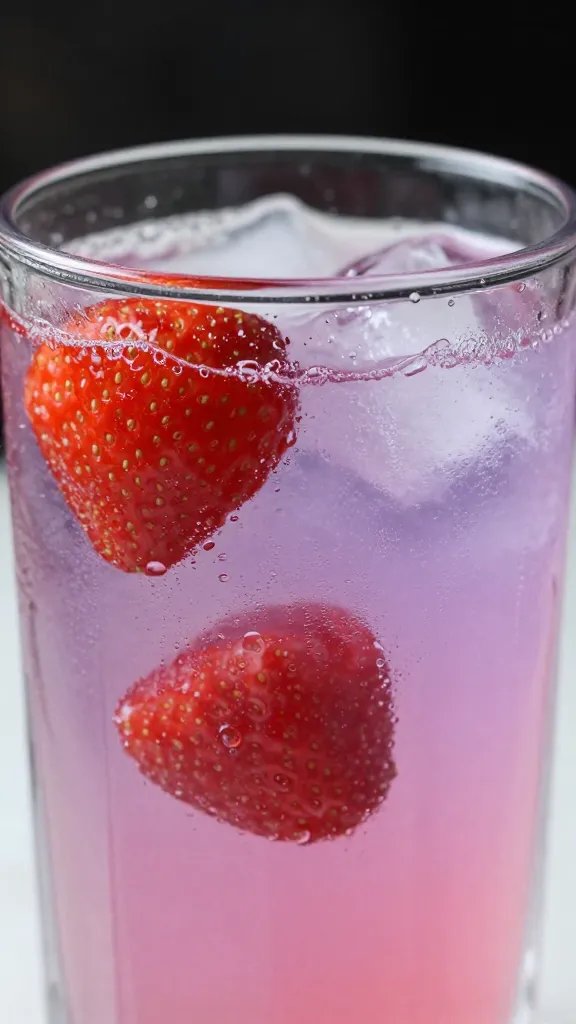 closeup strawberry-lilac lemonade glass with condensation