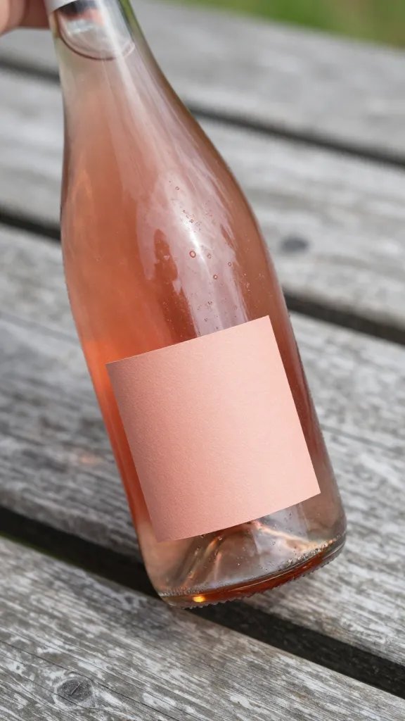 closeup blush rosé bottle resting on wooden picnic table