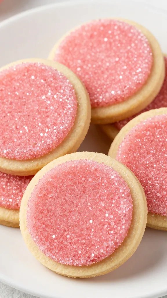 closeup pink-crystal sugar cookies on white plate