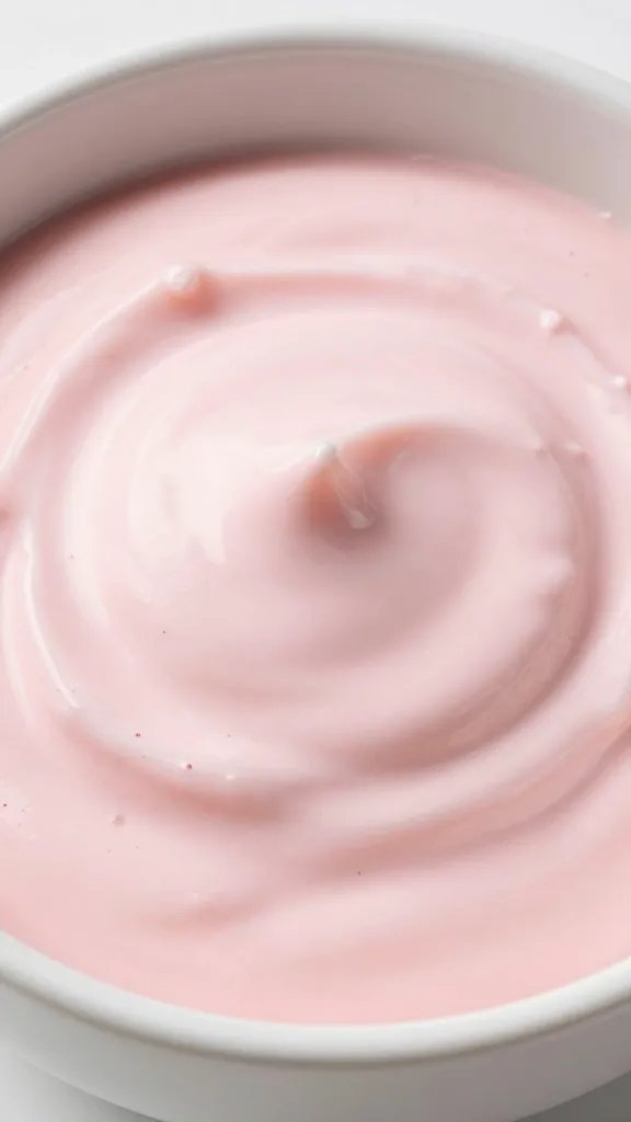 closeup whipped rosé yogurt dip in pale ceramic bowl