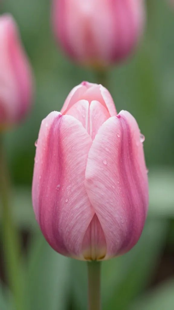 closeup single pink tulip bloom with dewdrops