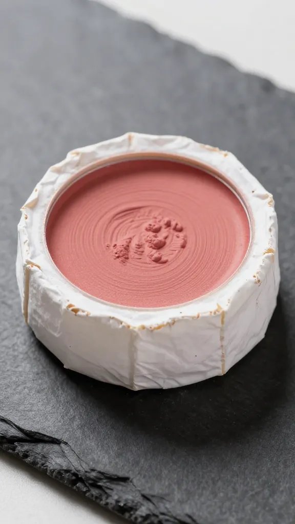 closeup blush cheese wheel on slate board