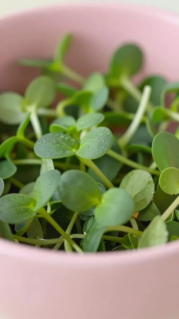 closeup pink-hued salad bowl with microgreens