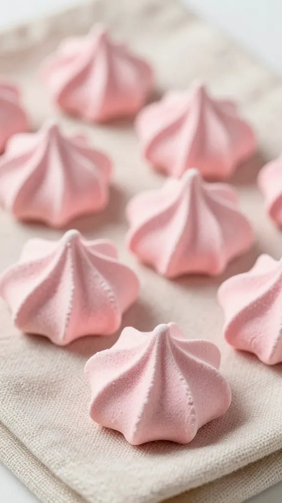 closeup pink meringue kisses on linen napkin