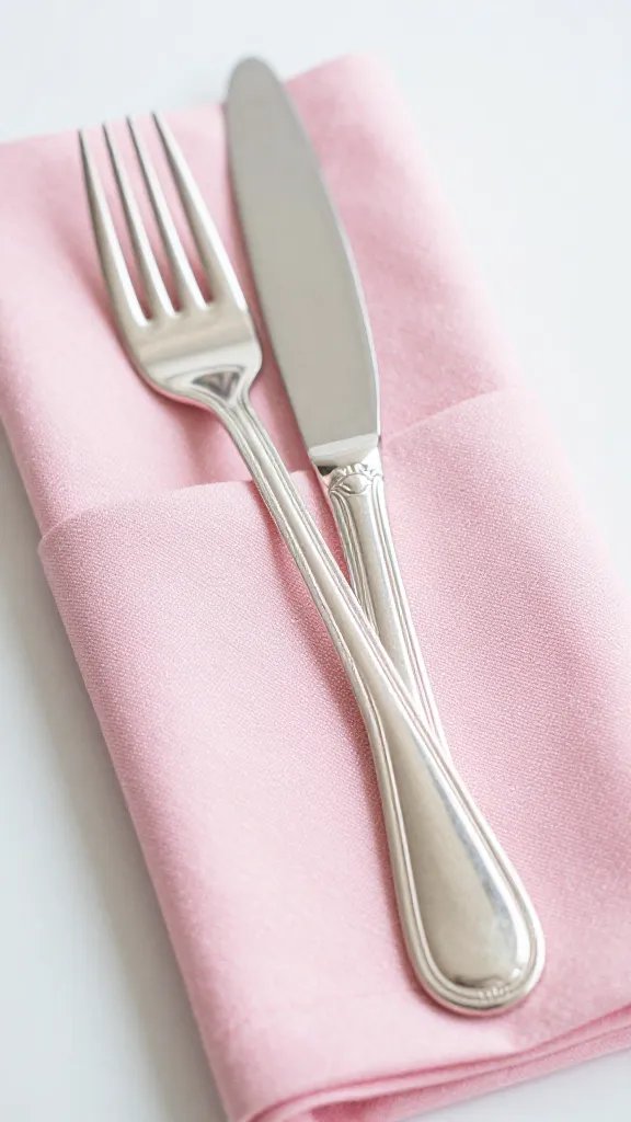closeup delicate pink napkin fold with silverware set