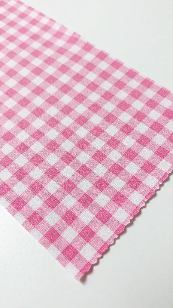 closeup of pink gingham fabric swatch on white tabletop