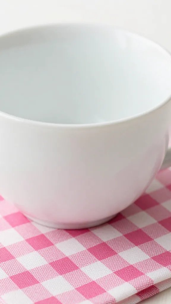 closeup of white porcelain teacup on pink gingham napkin