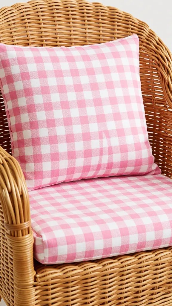 closeup of woven wicker chair with pink gingham cushion