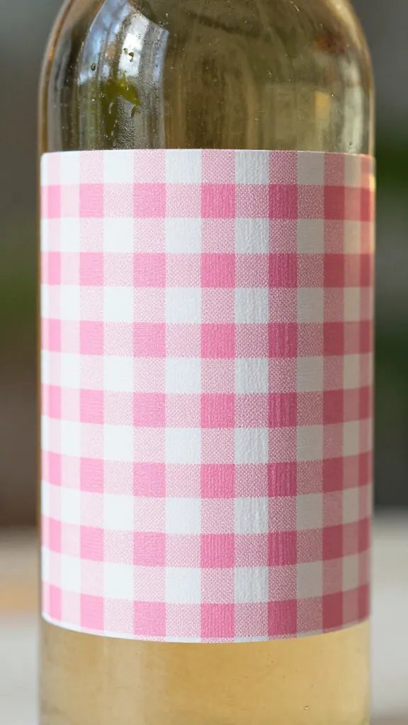 closeup of glass tea bottle with pink gingham label