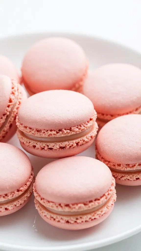 closeup of pastel pink macarons on white plate