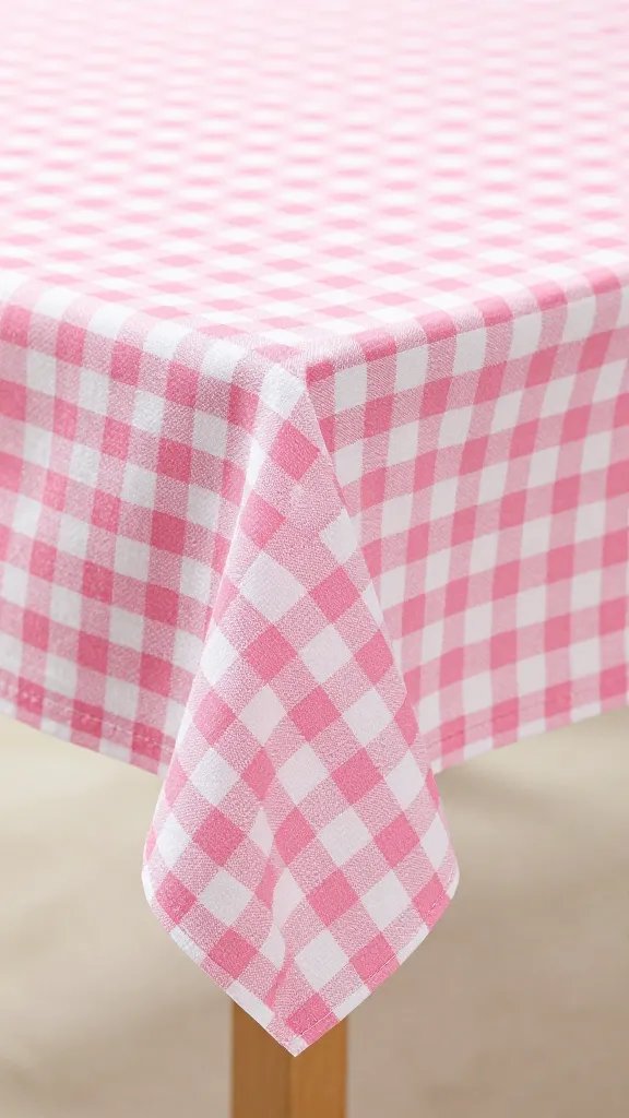 closeup of fluttering pink gingham table runner edge