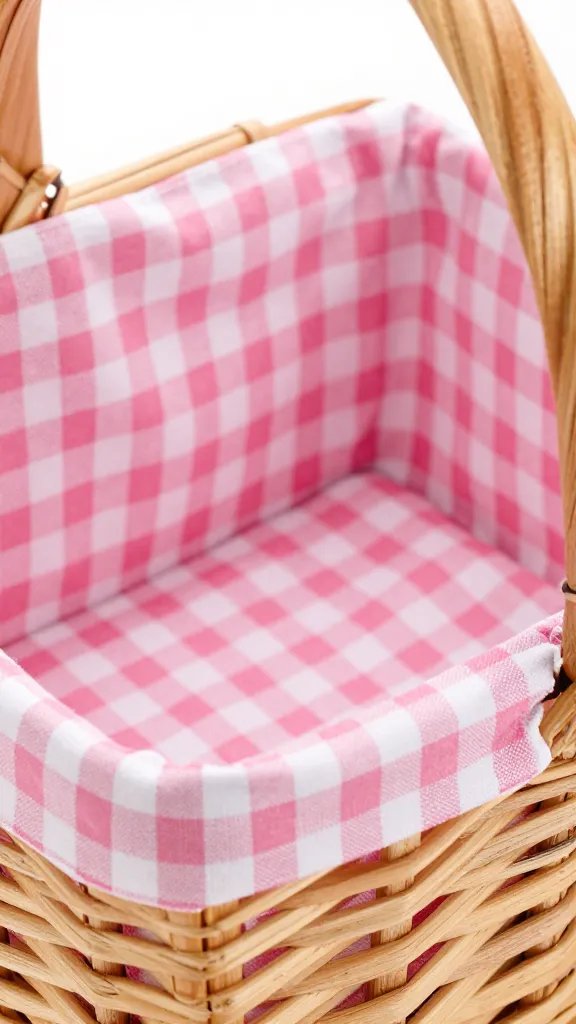 closeup of wooden picnic basket with pink gingham lining