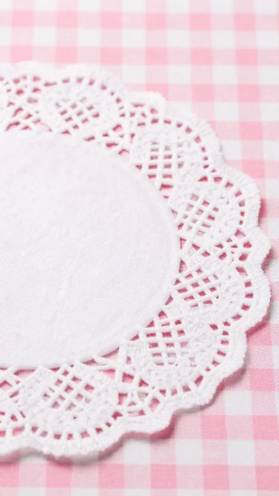 closeup of white lace doily atop pink gingham surface