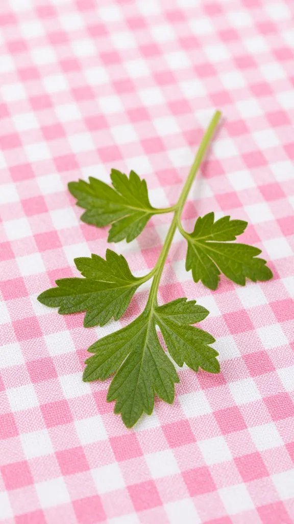closeup of green herb sprig resting on pink gingham fabric