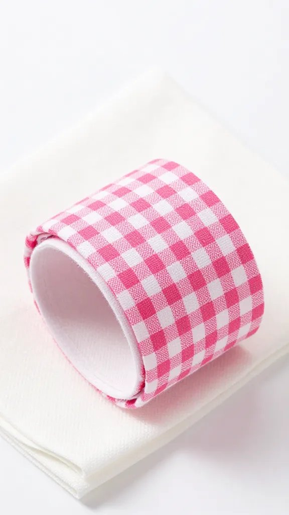 closeup of pink gingham napkin ring on white napkin