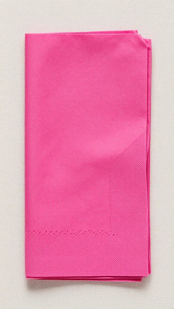Closeup of hot pink napkin folded crisply on linen