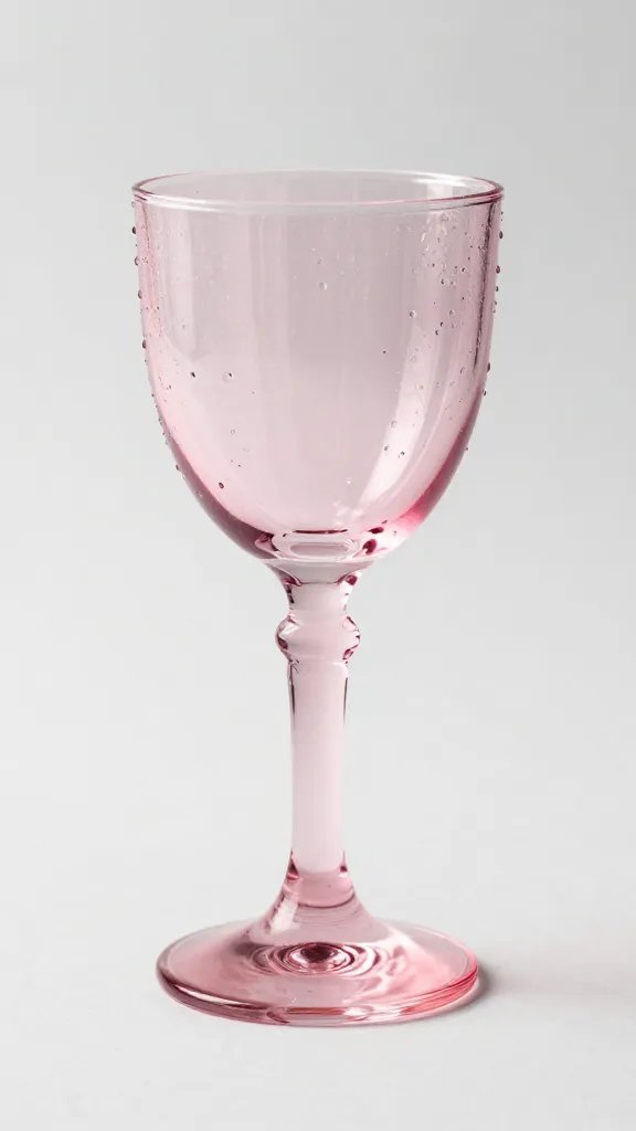 Single pink glass goblet with dew drops on stem
