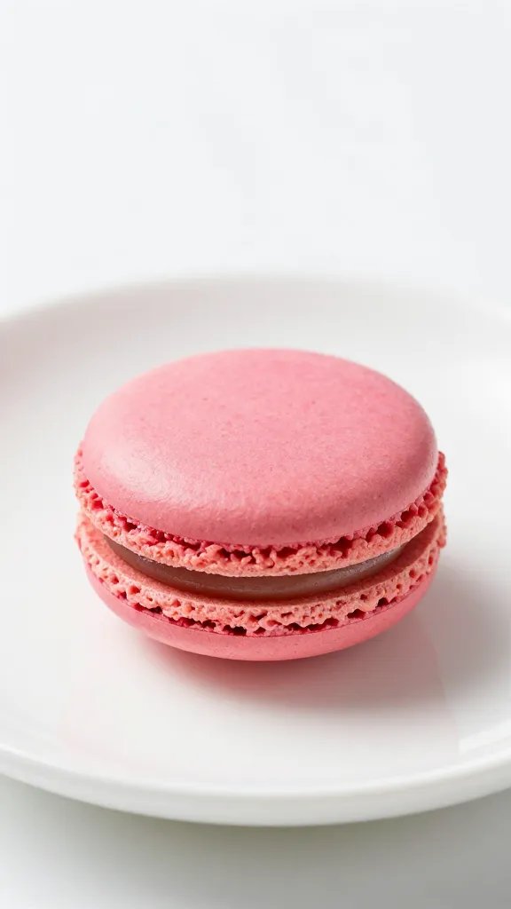Single hot pink macarons on white plate, shallow depth