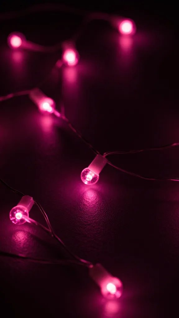 Macro shot of hot pink string lights against dark backdrop