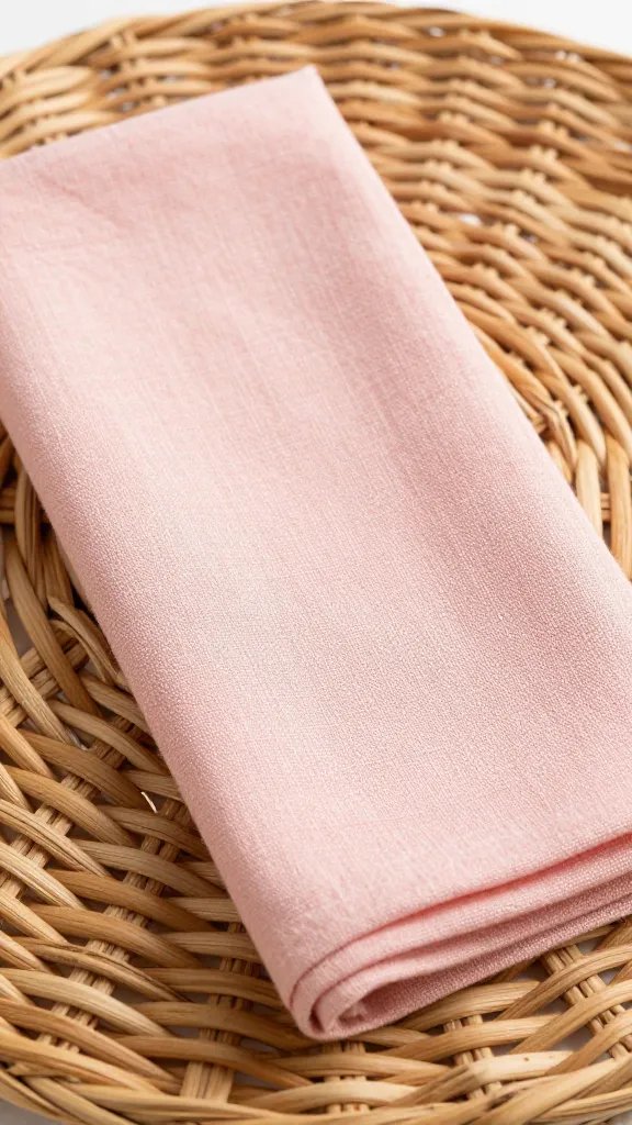 Closeup blush linen napkin folded elegantly on wicker placemat