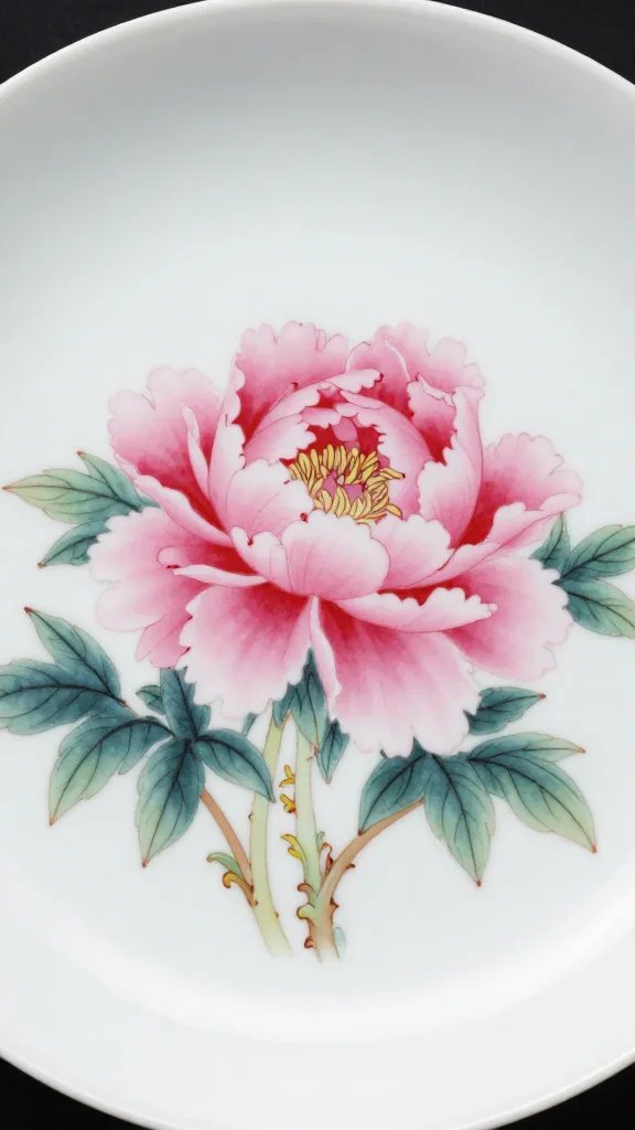 Closeup single ivory porcelain plate with blush peony bloom