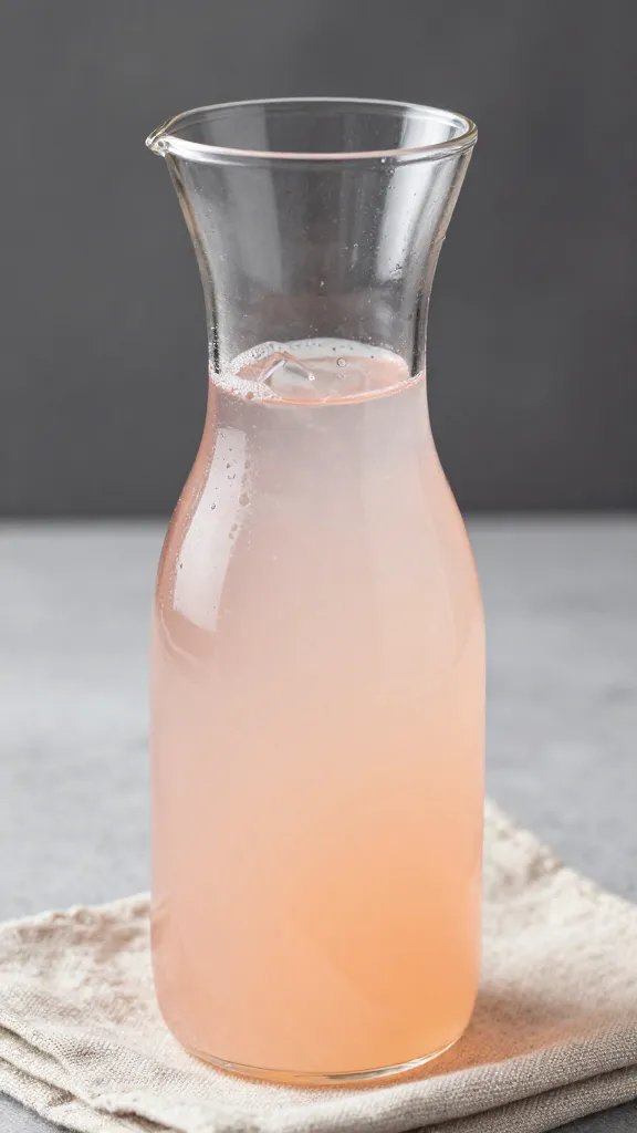 Closeup glass carafe with pale pink lemonade and linen napkin