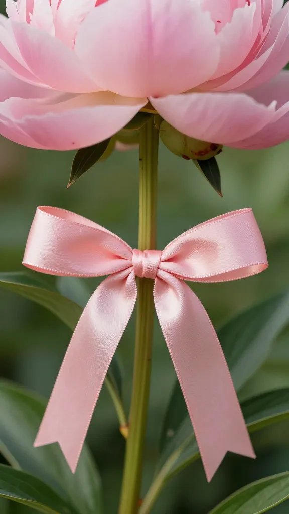 Closeup blush satin ribbon tied around a single peony stem
