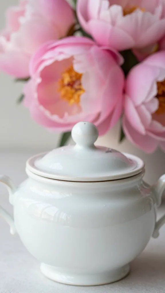 Closeup single antique sugar bowl with soft pink peony bouquet