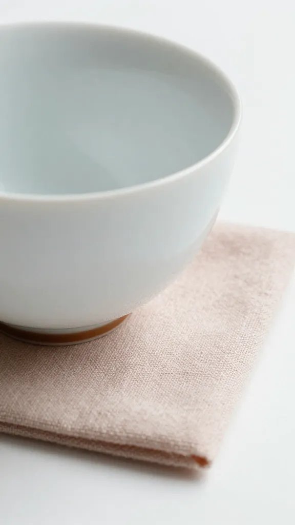 Closeup porcelain teacup resting on blush linen coaster