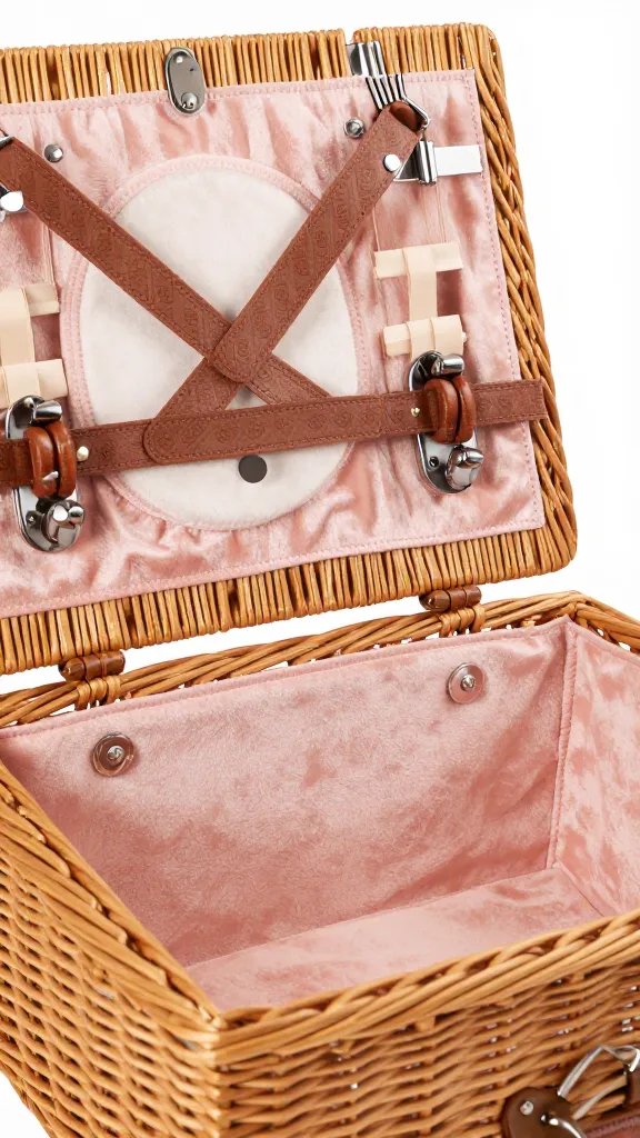 Closeup wicker picnic basket lid with blush velvet interior