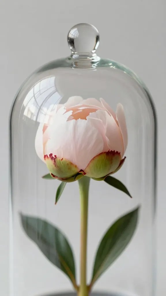 Closeup small glass cloche over a single peony bud