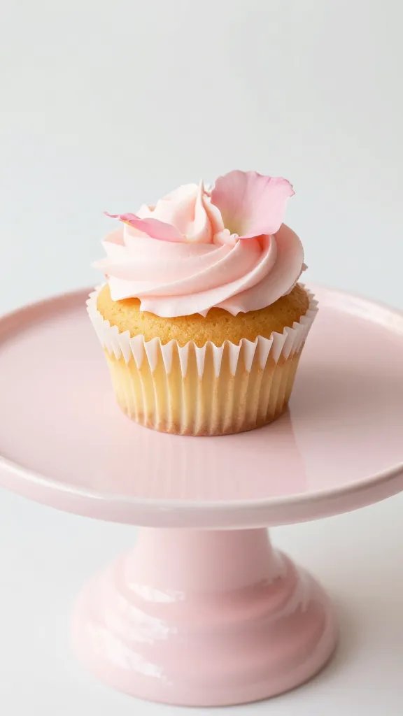 Closeup pale pink cake stand showcasing a single cupcake with petals