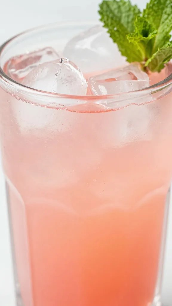 closeup pink lemonade glass with ice and mint leaf