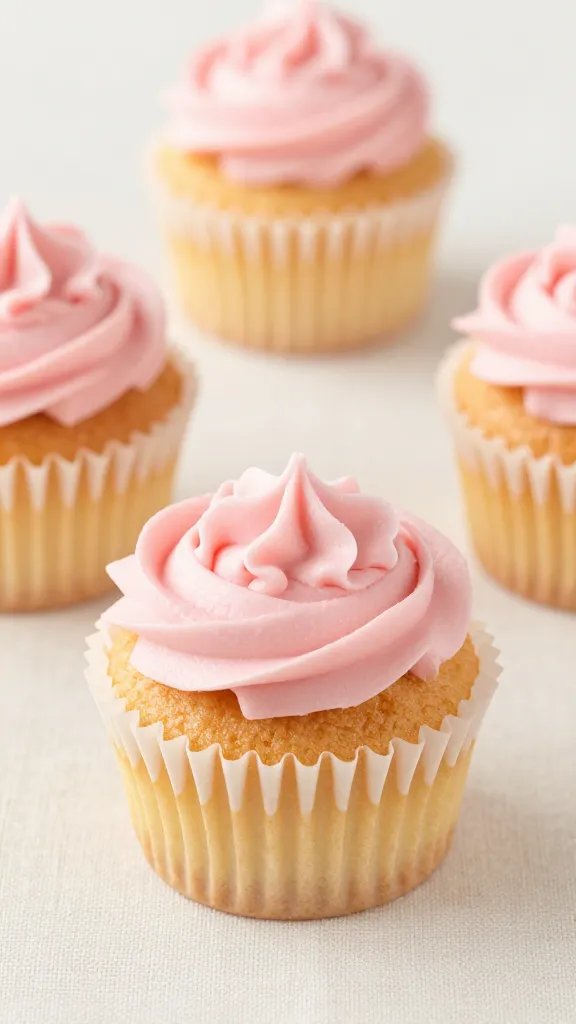 closeup pastel pink cupcakes on textured tablecloth