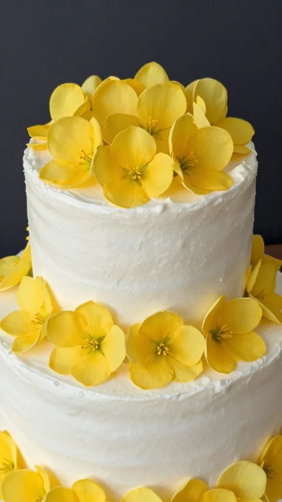 closeup single tiered fruit cake with yellow flowers