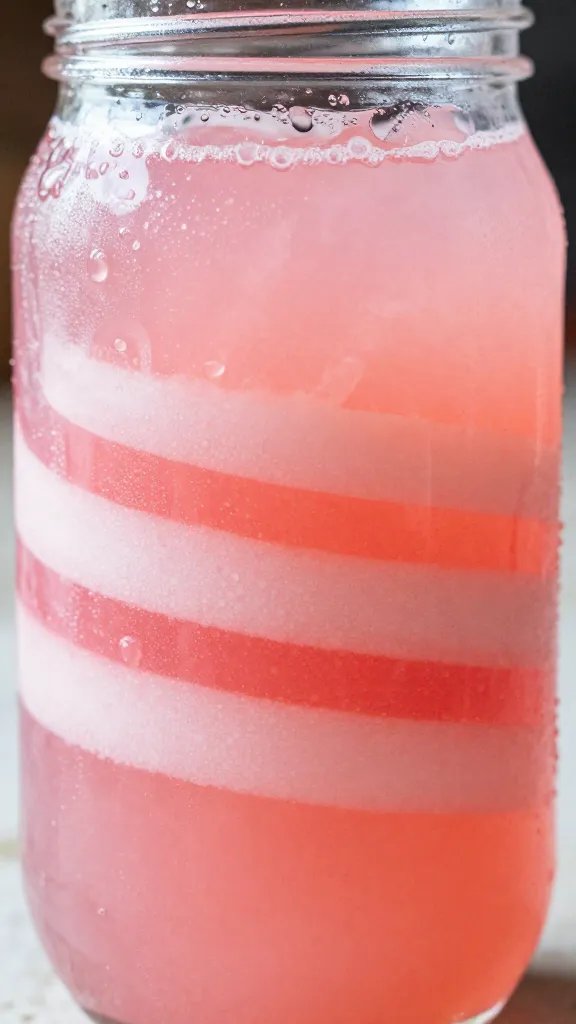 closeup jar of striped pink lemonade with condensation