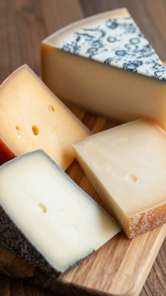 closeup single wooden platter with color-blocked cheeses