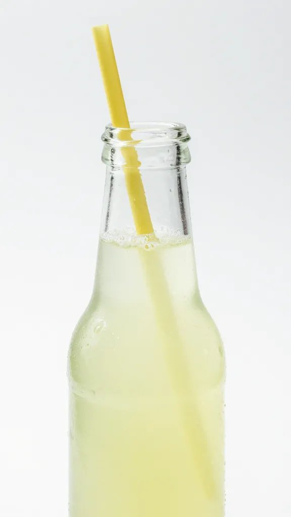 closeup single glass bottle of lemonade with straw