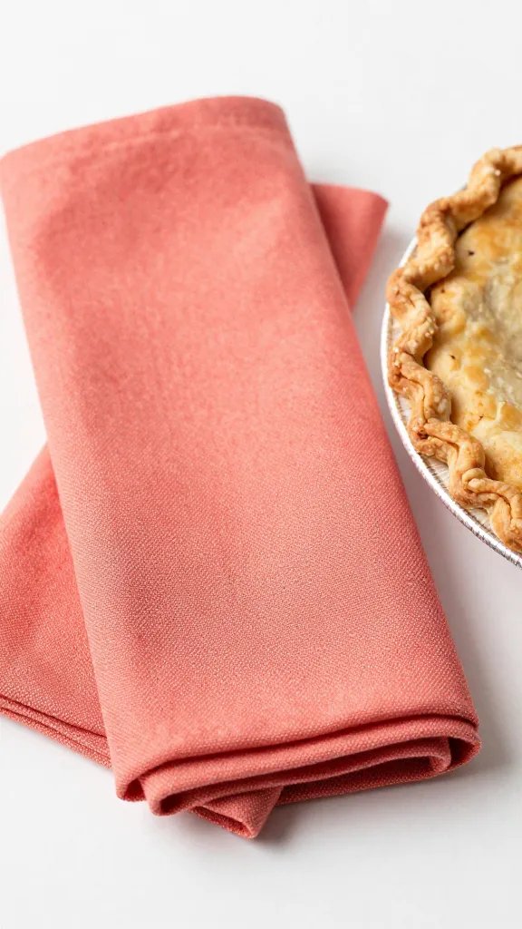 closeup single coral napkin folded beside slice of pie