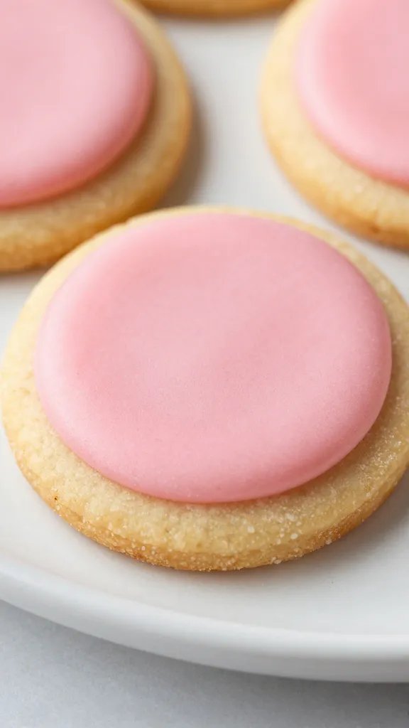 closeup single plate of sugar cookies with pink icing