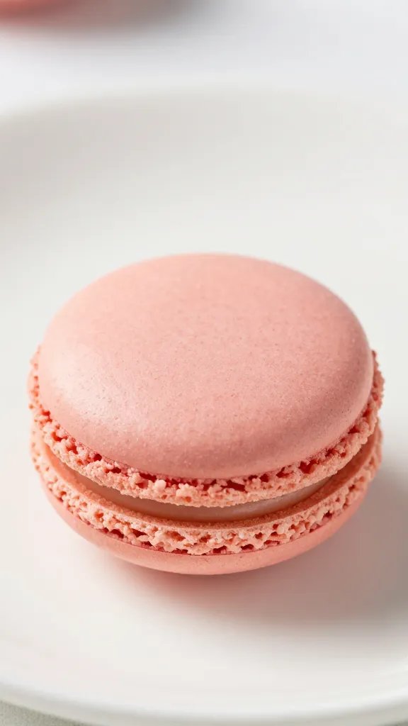 Closeup of single blush macaroon on plate