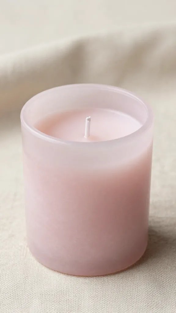 Closeup of rose quartz candle on linen cloth