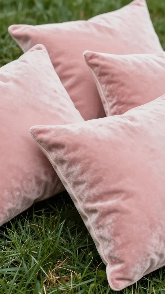 Closeup of velvet blush pillows on grass edge